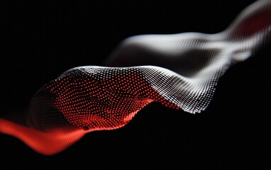 Poster - Abstract digital art featuring a flowing, wave-like form composed of red, white, and grey particles against a black background. The texture is grainy and the colors are vibrant