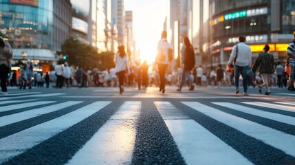 Poster - Dynamic city street scene with pedestrians crossing during sunset with bright urban lights : Generative AI