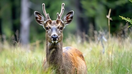 Poster - Closeup portrait of a young deer in its natural habitat surrounded by green grass : Generative AI