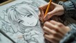 © Imanberlina - Close-up of a hand holding a pencil. An artist draws an anime comic on vacation, on the beach. Manga. Anime.