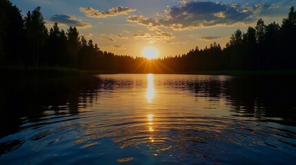Poster - Serene sunset over a tranquil lake with sun rays reflecting on the water surface : Generative AI