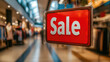 © syhin_stas - Hanging red sale sign in a fashion store, symbolizing seasonal discounts, retail promotions, and shopping trends in a bustling shopping mall.