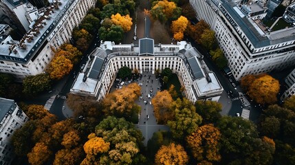 Poster - Aerial View of Urban Park Surrounded by Colorful Autumn Trees and Modern Buildings : Generative AI