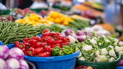 Poster - Vibrant assortment of fresh vegetables arranged in colorful baskets at a bustling market : Generative AI