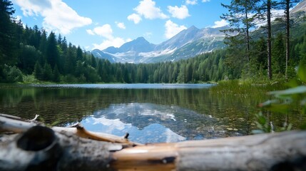 Aufkleber - Serene lake surrounded by lush green trees and majestic mountains under a bright blue sky : Generative AI