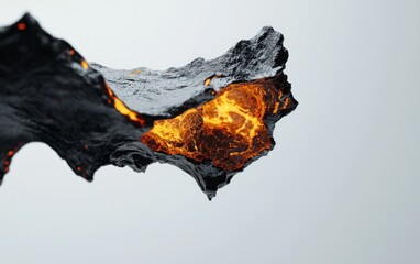Poster - Abstract digital art depicting a dark, rocky, lava-like form with glowing orange and yellow inner sections against a bright white background. The texture is rough and uneven