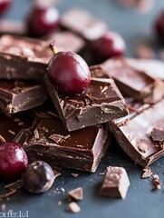 Poster - Delicious dark chocolate bars with ripe grapes on a textured surface : Generative AI