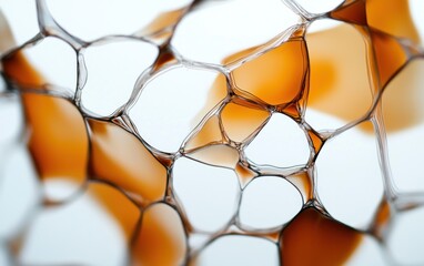 Poster - Abstract close-up shot of an intricate network of orange and white shapes, resembling a honeycomb or cellular structure. The image features a complex pattern of interconnected cells with varying