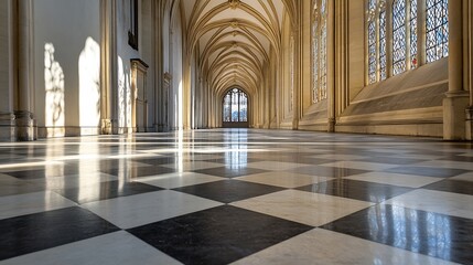 Aufkleber - Elegant Arched Hallway Featuring Black and White Checkered Floor and Beautiful Light : Generative AI
