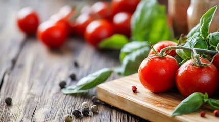 Aufkleber - Fresh ripe tomatoes with green basil on wooden cutting board in rustic kitchen setting : Generative AI