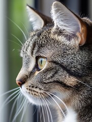 Poster - Focused portrait of a domestic cat gazing out a window with mesmerizing green eyes : Generative AI
