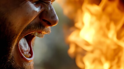 Fototapete - Intense close up of a man screaming with fire in the background showcasing raw emotion and dramatic lighting : Generative AI