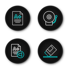 Poster - Set line Eraser or rubber, Exam sheet with A plus grade, Ringing alarm bell and icon. Vector