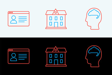 Poster - Set line Human brain, Online class and School building icon. Vector