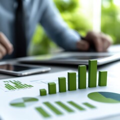 Poster - Green Growth Chart: An upward trending bar graph charts sit on a desk in a sunny office, implying strong growth. a businessman is working with a graph and mobile, showing data analysis. 