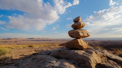 Poster - Serene Stone Stack Against a Beautiful Desert Landscape and Blue Sky : Generative AI