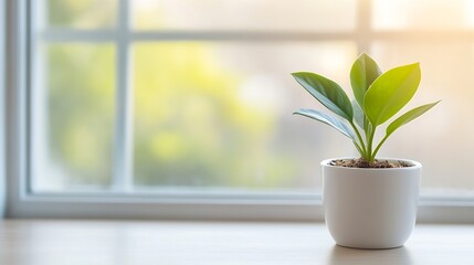 Poster - Vibrant green potted plant standing on a wooden table beside a window creating a fresh and bright atmosphere : Generative AI