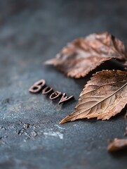 Poster - Artistic Arrangement of Dry Leaves with Lettering on a Textured Surface : Generative AI