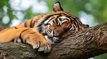 Poster - Majestic tiger resting comfortably on a sturdy branch surrounded by lush green foliage : Generative AI