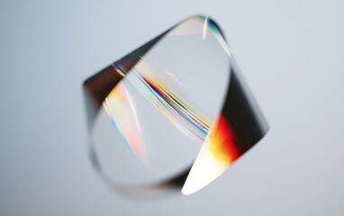 Poster - Abstract close-up of a translucent object with rainbow refractions against a light gray background. The object is curved and appears to be floating. The image has a dreamy, ethereal quality
