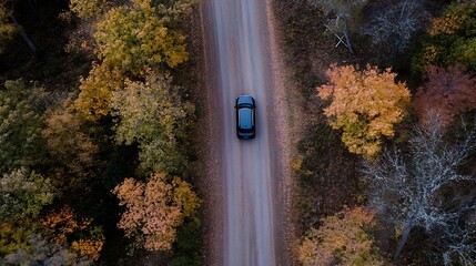 Aufkleber - Aerial View of a Black Car Driving on a Dusty Road Surrounded by Vibrant Autumn Trees : Generative AI