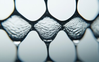 Poster - Close-up of water droplets on a textured surface, creating abstract patterns. The image features a grayscale palette with cool tones and high contrast