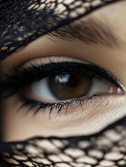 Aufkleber - Close up of a stunning eye detailed with dark lashes and layered black fabric showcasing beauty and intrigue : Generative AI