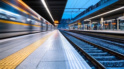 Aufkleber - Dynamic view of an urban train station with blurred motion of a passing train and modern architecture : Generative AI