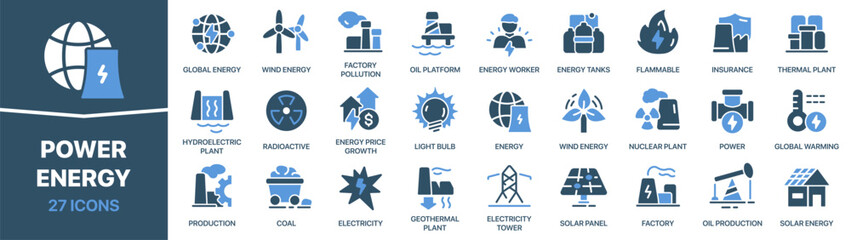 Poster - Power and energy colored signed icon collection. Factory, plant, oil, electricity, solar icons. UI icon set. Colored icons pack. Vector illustration