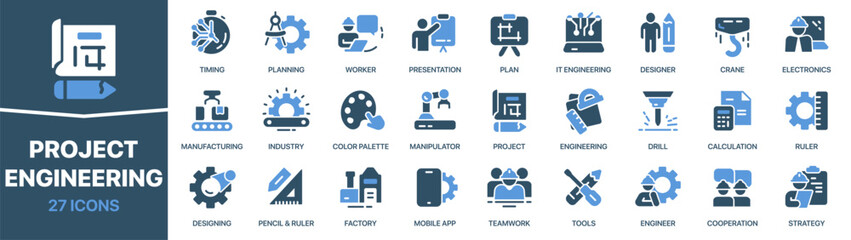 Poster - Project and engineering colored signed icon collection. Plan, design, tools, engineer icons. UI icon set. Colored icons pack. Vector illustration