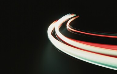 Fototapete - Abstract image of red, white, and teal light trails curving in a circular motion against a black background. The image has a digital, almost pixelated effect, and suggests movement and speed