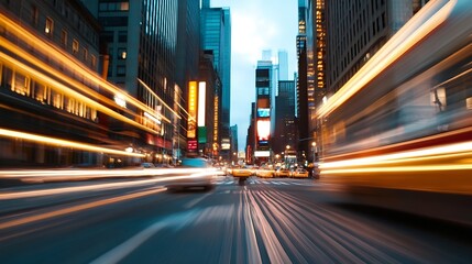 Poster - Dynamic motion blur of a busy city street with vibrant lights showcasing urban life and movement at dusk : Generative AI