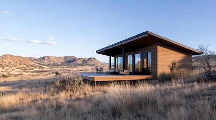 Poster - Stylish Cabin on the Edge of the Desert Surrounded by Natural Beauty : Generative AI