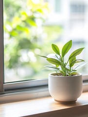 Poster - Serene indoor plant placed on wooden surface near a bright window bringing nature inside : Generative AI