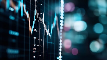 Aufkleber - Abstract closeup of a stock market graph displaying fluctuating trends with vibrant bokeh effects : Generative AI