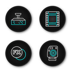 Poster - set line photo camera, fx, camera roll cartridge and softbox light icon. vector