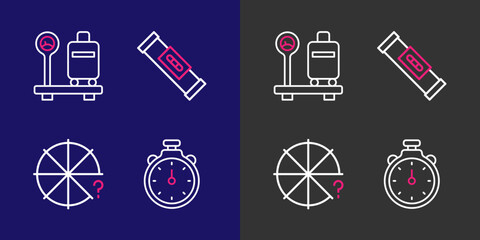 Poster - Set line Stopwatch, Circle of pieces, Construction bubble level and Scale with suitcase icon. Vector
