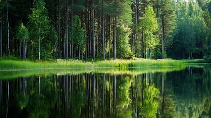 Poster - Peaceful forest scene with tall trees and vibrant greenery reflected on still water surface : Generative AI