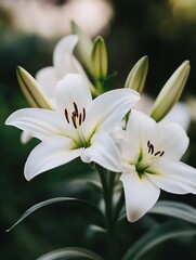 Poster - Beautiful close up of white lilies with green background showcasing nature's elegance and delicate petals : Generative AI