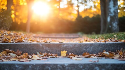 Poster - Scenic Autumn Pathway with Sunlight Streaming Through Trees and Fallen Leaves : Generative AI