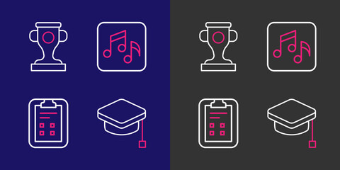 Poster - set line graduation cap, exam sheet with check mark, music note, tone and award cup icon. vector