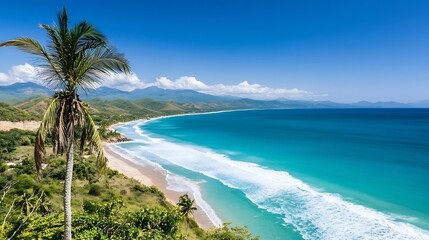 Poster - Stunning panoramic view of a pristine tropical beach surrounded by lush green hills under a bright blue sky : Generative AI