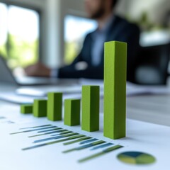 Poster - Growth in the workplace: A close-up shot focusing on a graph with a man working on a laptop in the background
