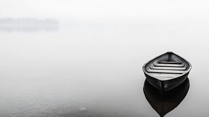 Aufkleber - Lonely wooden boat drifting silently in a foggy atmosphere on still waters : Generative AI