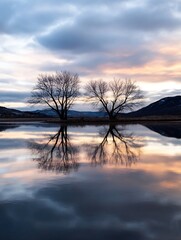 Poster - Breathtaking landscape with two trees reflecting in a calm lake at sunset with dramatic skies : Generative AI