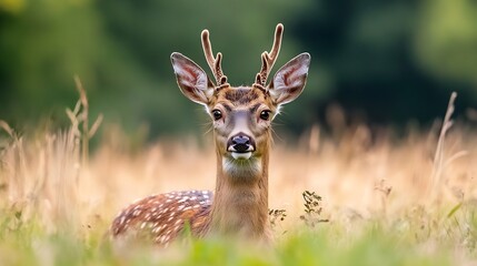 Poster - CloseUp of a Young Deer with Antlers Majestically Standing in a Field of Tall Grass : Generative AI