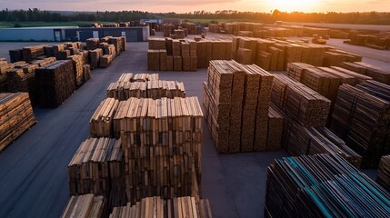 Poster - Aerial view of a lumber yard with neatly stacked wooden beams at sunset : Generative AI