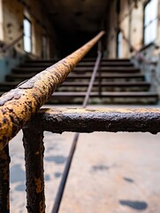 Fototapete - Rusty iron railings leading up a worn staircase in an old abandoned building showcasing vintage atmosphere : Generative AI