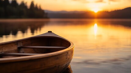 Aufkleber - A rustic wooden boat gently floating on calm waters during a stunning sunset in a tranquil landscape : Generative AI