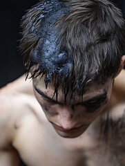 Aufkleber - Dramatic portrait capturing a young man with artistic black paint draping down his head and face : Generative AI